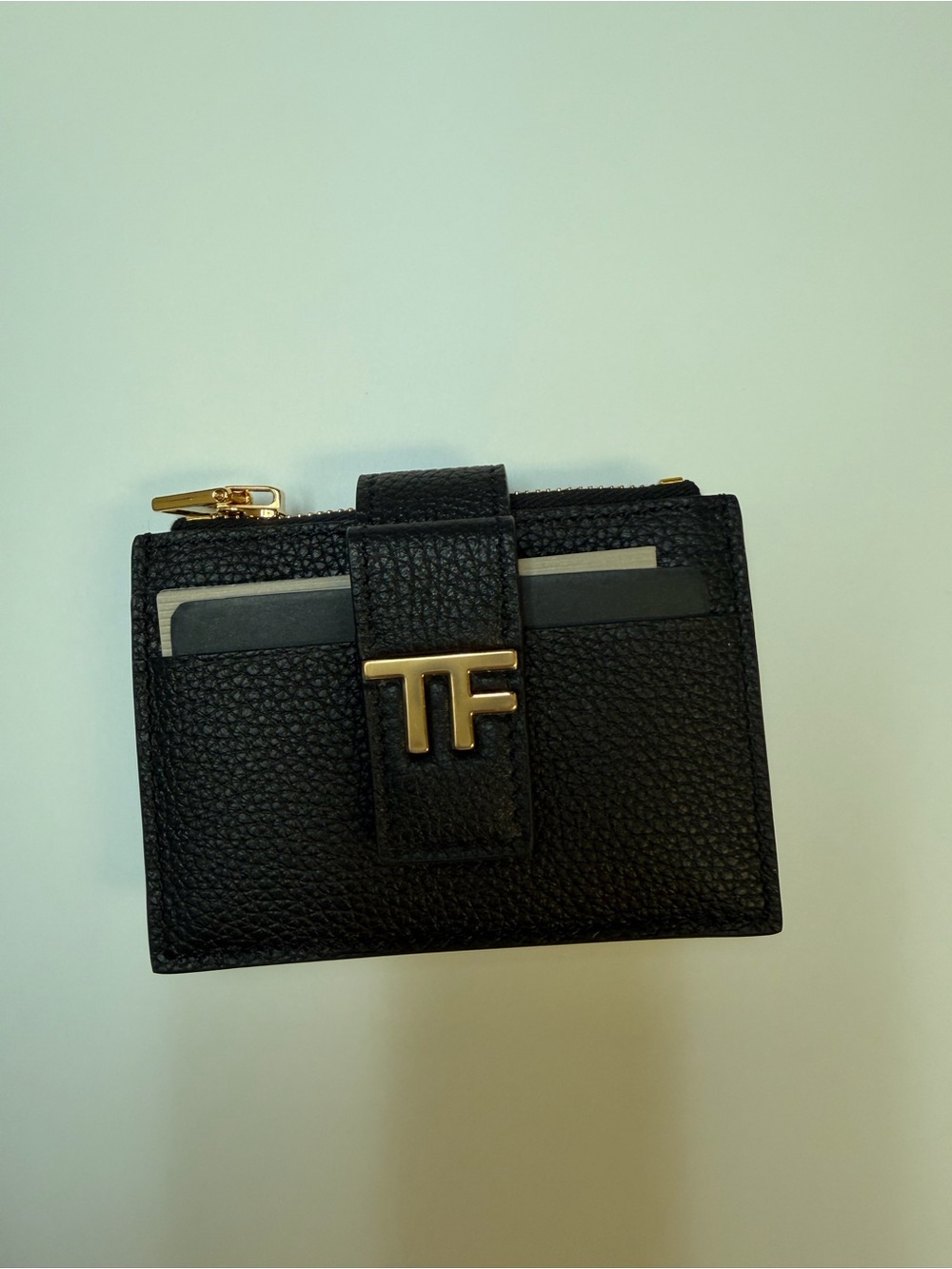 Tom Ford Black Pebbled Leather Card Holder with Gold TF Emblem